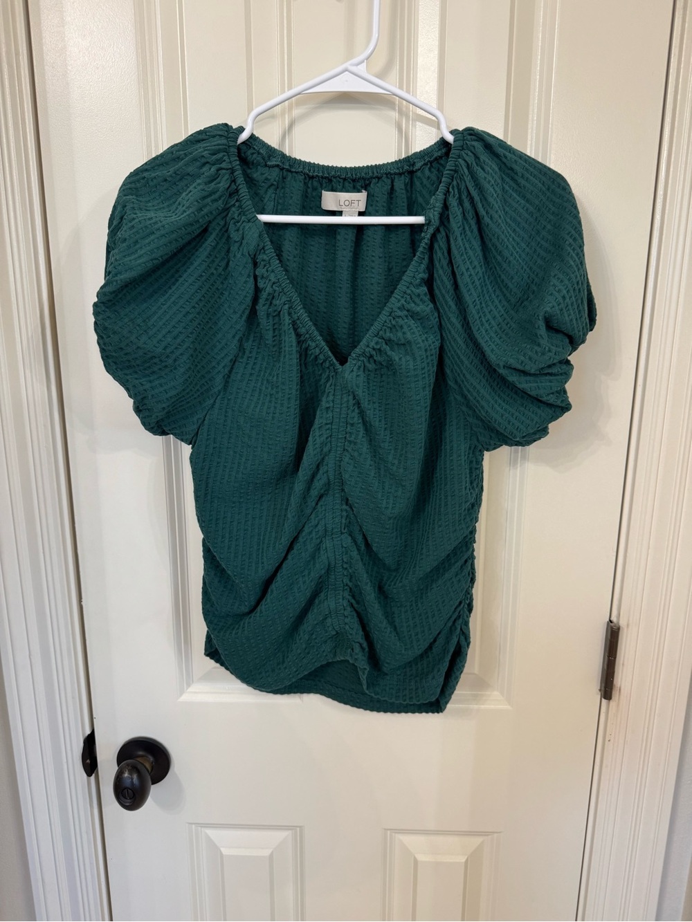 LOFT Emerald Green Ruched V-Neck Puff Sleeve Blouse